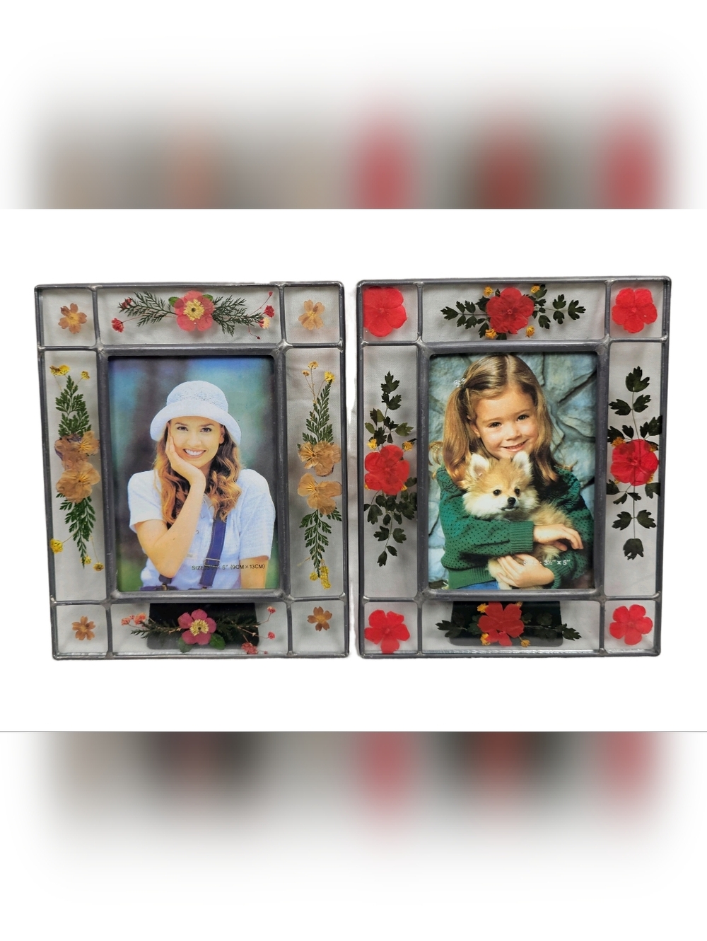 NEW in Box Vintage Set of 2 Pressed Dried Flower Leaded Glass Picture Frames